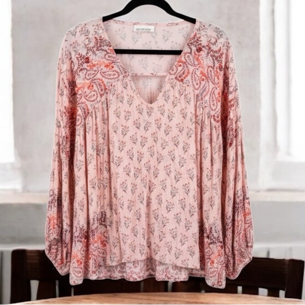 Boho Pink Printed V-Neck Block Print Blouse